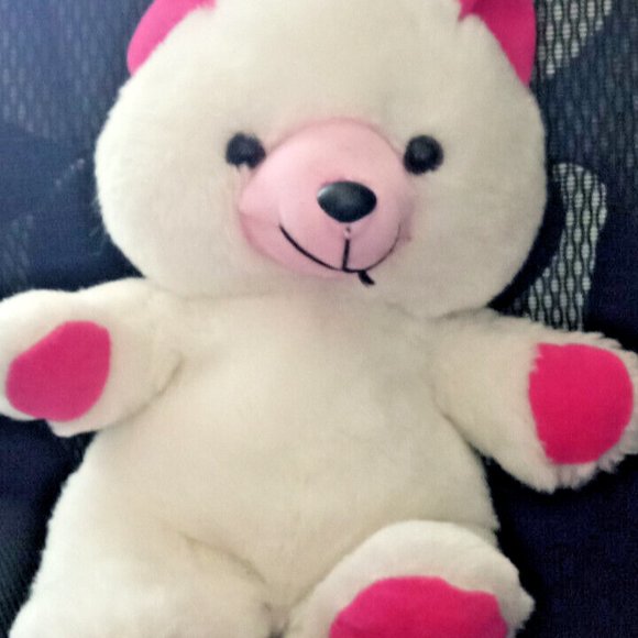 Vintage White and Pink Teddy Bear Plush Stuffed with New Polyester 17" Shining - Picture 5 of 6